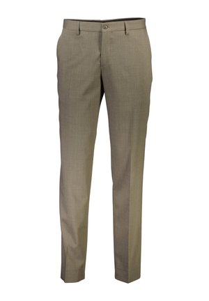Trousers in light tan fabric, tailored fit, featuring a smooth texture, belt loops, and a single front button closure.