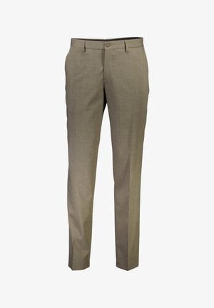 Trousers in light tan fabric, tailored fit, featuring a smooth texture, belt loops, and a single front button closure.