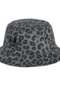 Gray leopard print bucket hat made of textured fabric, featuring a black three-leaf logo accent on the side. Wide, slanting brim.