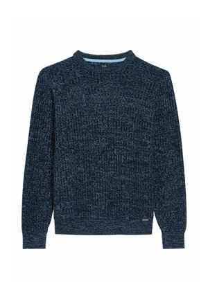 Granatowy sweter z dzianiny z teksturowanym wzorem, okrągłym dekoltem i długimi rękawami. Posiada ściągacze przy mankietach i na dolnym brzegu.