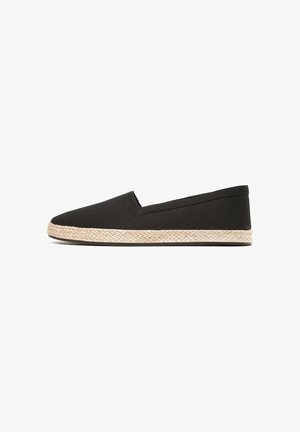 Schwarze Canvas-Espadrille zum Hineinschlüpfen mit Juteseilen-Zwischensohle und flacher Gummisohle, mit einem schlanken Design und glatter Textur.