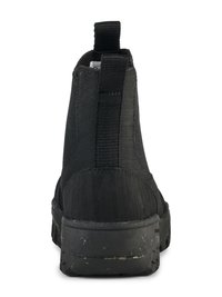 Stivali alla caviglia neri con tomaia in tessuto testurizzato, pannello laterale elastico e suola in gomma resistente. Presenta una linguetta sul retro.