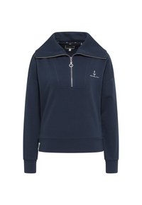 Marineblauw sweatshirt met een hoge kraag en een halve rits, voorzien van een grote kraag en een geborduurd ankerlogo op de borst. Zacht stof.