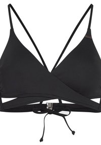 Svart bikini-top med trekantede kopper, tynne justerbare stropper, kryssryggdesign, knyting og metallisk dekorasjon.