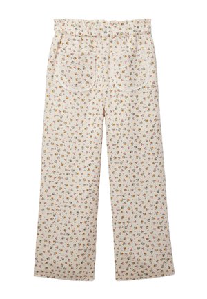 Pantalon ample couleur crème avec petit imprimé floral rose, orange et vert, doté de deux poches plaquées avant ornées de dentelle.
