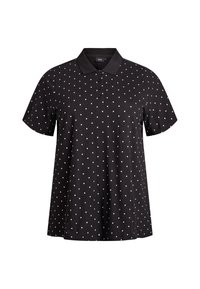 Camisa polo negra con lunares blancos, de mangas cortas, con tapeta de tres botones y cuello clásico. Tejido de algodón texturizado.