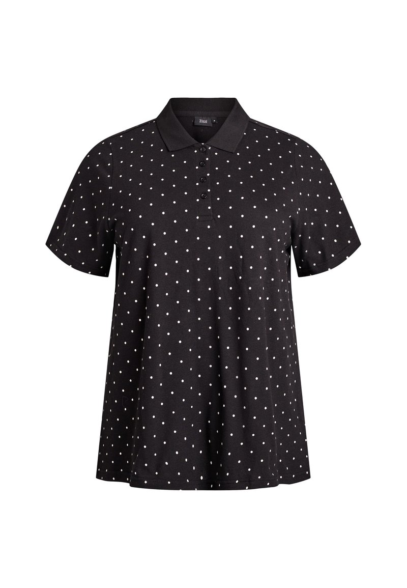 Camisa polo negra con lunares blancos, de mangas cortas, con tapeta de tres botones y cuello clásico. Tejido de algodón texturizado.