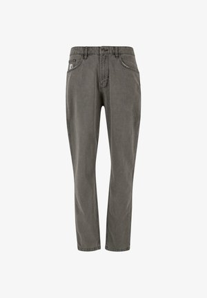 Szürke farmernadrág klasszikus ötpocketes kialakítással, övbújtatókkal és cipzáros sliccel. Finom varrással és az elején egy kis logóval díszítve.