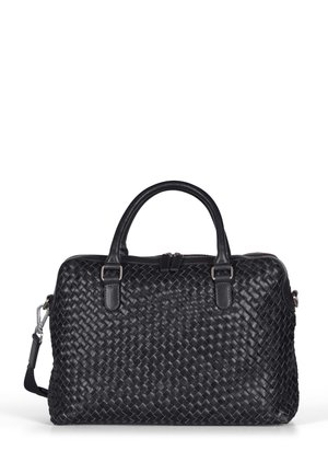 Borsa in pelle nera con texture intessuta, doppio manico e tracolla rimovibile. Chiusura con zip e accessori in ottone.