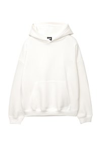 Weißer Hoodie mit einer Fronttasche, Kordelzugkapuze und gerippten Bündchen. Glatte Textur mit minimalem Branding auf der Brust.
