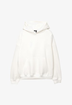 Hvid hættetrøje med en frontlomme, snor i hætten og ribbede manchetter. Glat tekstur med minimal branding på brystet.