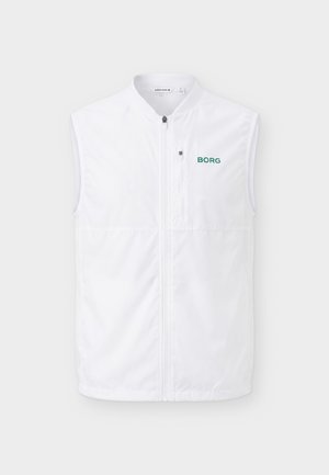 Weißes ärmelloses Zip-Up-Weste mit hohem Kragen und kleinem grünem "BORG" Logo auf der linken Brust, mit vertikaler Reißverschlusstasche.