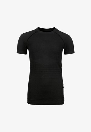 Black short-sleeve fitted athletic T-shirt with crew neck and subtle white text on lower left side.