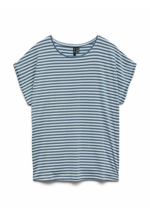 T-shirt met korte mouwen en ronde hals, met horizontale licht- en donkerblauwe strepen, plat uitgestald op een witte achtergrond.