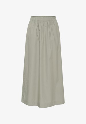 Jupe verte clair, longueur genoux, en tissu doux avec une taille élastique, présentant un design plissé et des détails de couture discrets.