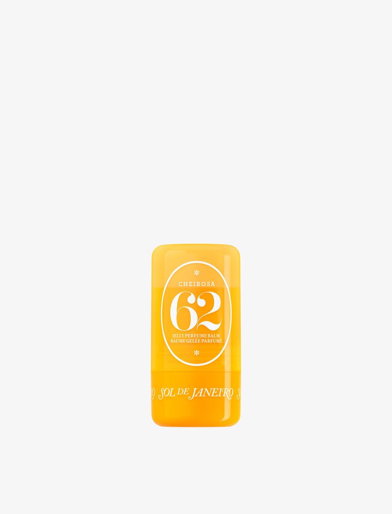 Gele Sol de Janeiro Cheirosa 62 jelly parfum balsemstick met witte tekst op een effen witte achtergrond.