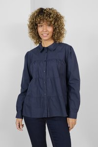 Navyblaues Button-up-Hemd aus leichtem Stoff, mit gestuftem Design, kragenlosem Ausschnitt und langen Ärmeln. Strukturierte Oberfläche.