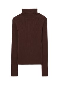 Brauner gerippter Rollkragenpullover aus weichem Stoff, mit hohem Kragen, langen Ärmeln und einer taillierten Silhouette mit glatter Textur.