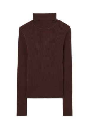 Bruine geribbelde coltrui gemaakt van zachte stof, met een hoge hals, lange mouwen en een aansluitend silhouet met een gladde textuur.