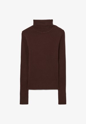 Brauner gerippter Rollkragenpullover aus weichem Stoff, mit hohem Kragen, langen Ärmeln und einer taillierten Silhouette mit glatter Textur.