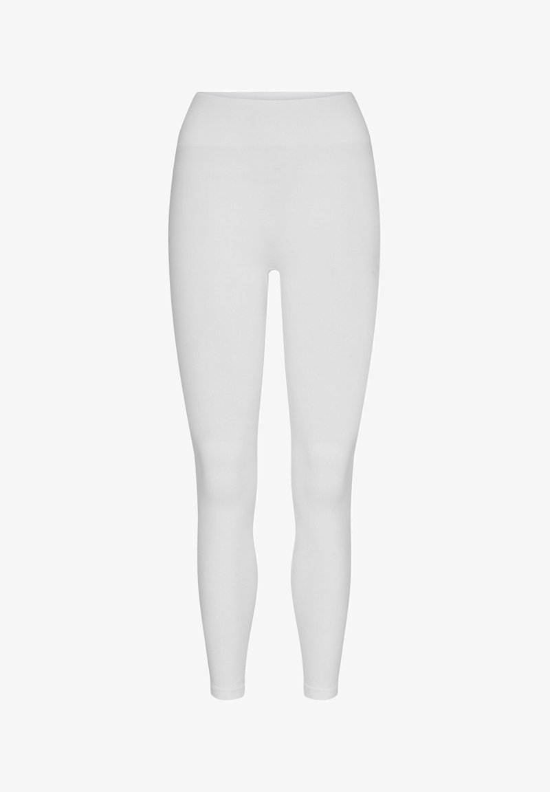 Leggings blancs full-length avec une taille haute, présentés sur un fond blanc uni.