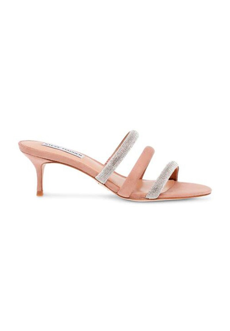 Sandaletti con tacco in suede rosa, caratterizzati da tre cinturini trasparenti decorati con strass. Tacco a spillo sottile con suola liscia. Design elegante.