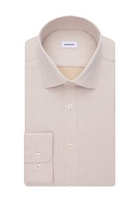 Beige overhemd met lange mouwen van textuurstof, klassieke kraag en knoopsluiting aan de voorkant. Voorzien van witte knopen en een enkele zak.