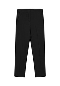 Black tailored trousers featuring a flat front, two side pockets, and a straight leg design. Made of a smooth, woven fabric.