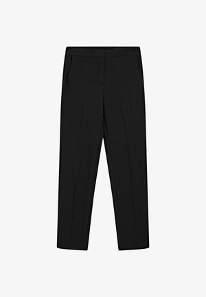 Zwarte op maat gemaakte broeken met een platte voorkant, twee zijzakken en een recht gesneden ontwerp. Gemaakt van een gladde, geweven stof.