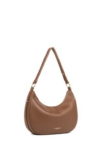 Sac à épaule en cuir brun avec une forme courbée, présentant une seule bandoulière, des accents en métal doré et une surface texturée. Logo affiché à l'avant.