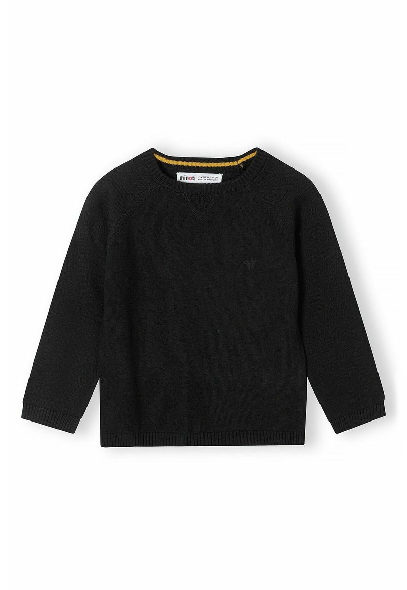 Maglione nero con maniche lunghe, scollatura rotonda e polsini a coste. Presenta un colletto interno giallo e un delicato motivo testurizzato.