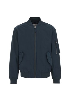 Marinebomberjacke aus glattem Stoff, mit einem Frontreißverschluss, zwei Seitentaschen und einer Reißverschlusstasche am Ärmel. Rippbündchen und Saum.