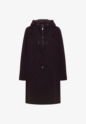 Dark purple coat with a hooded, zippered inner layer. Features a tailored design, large front pockets, and a single button closure.