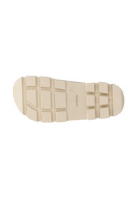 Suola di scarpa in gomma beige con superficie testurizzata e motivo a scanalature rettangolari. Presenta l'impronta del marchio e la marcatura della taglia.