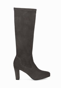 Tall dark gray suede women's boot with a block heel and rounded toe, shown in side profile on a white background.