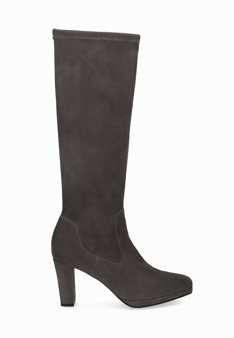 Tall dark gray suede women's boot with a block heel and rounded toe, shown in side profile on a white background.