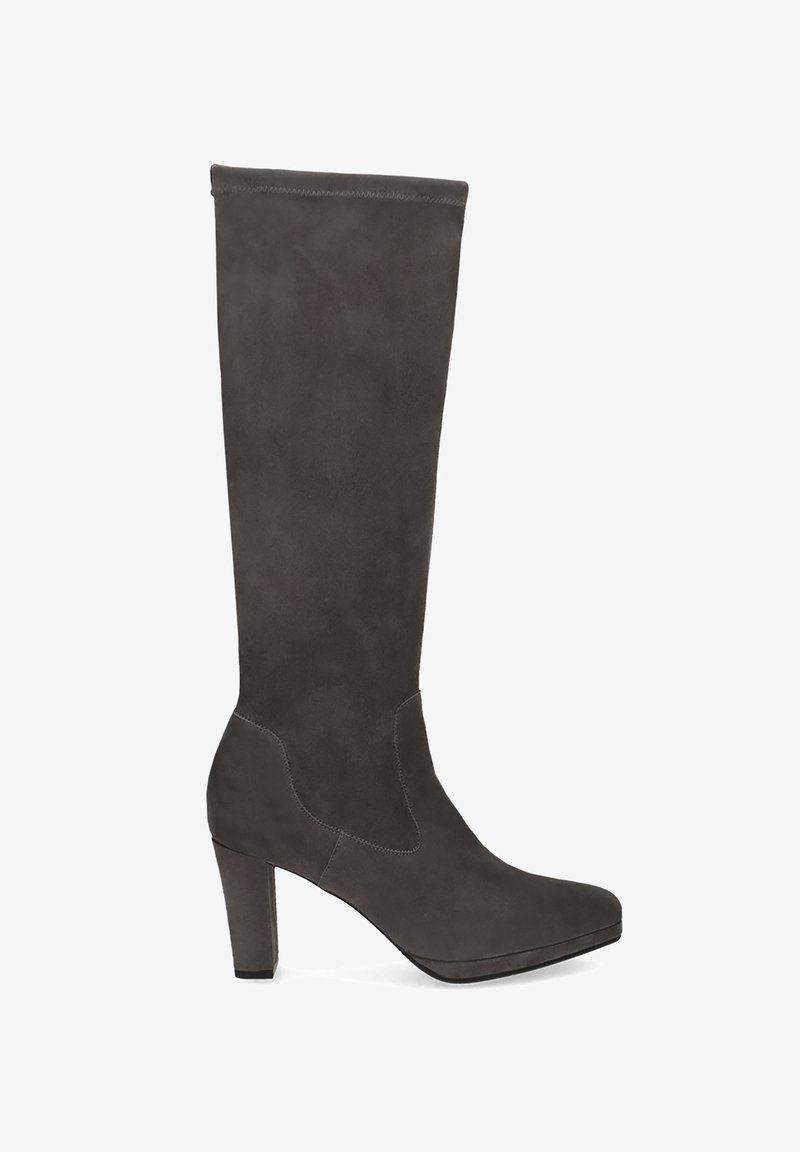 Tall dark gray suede women's boot with a block heel and rounded toe, shown in side profile on a white background.