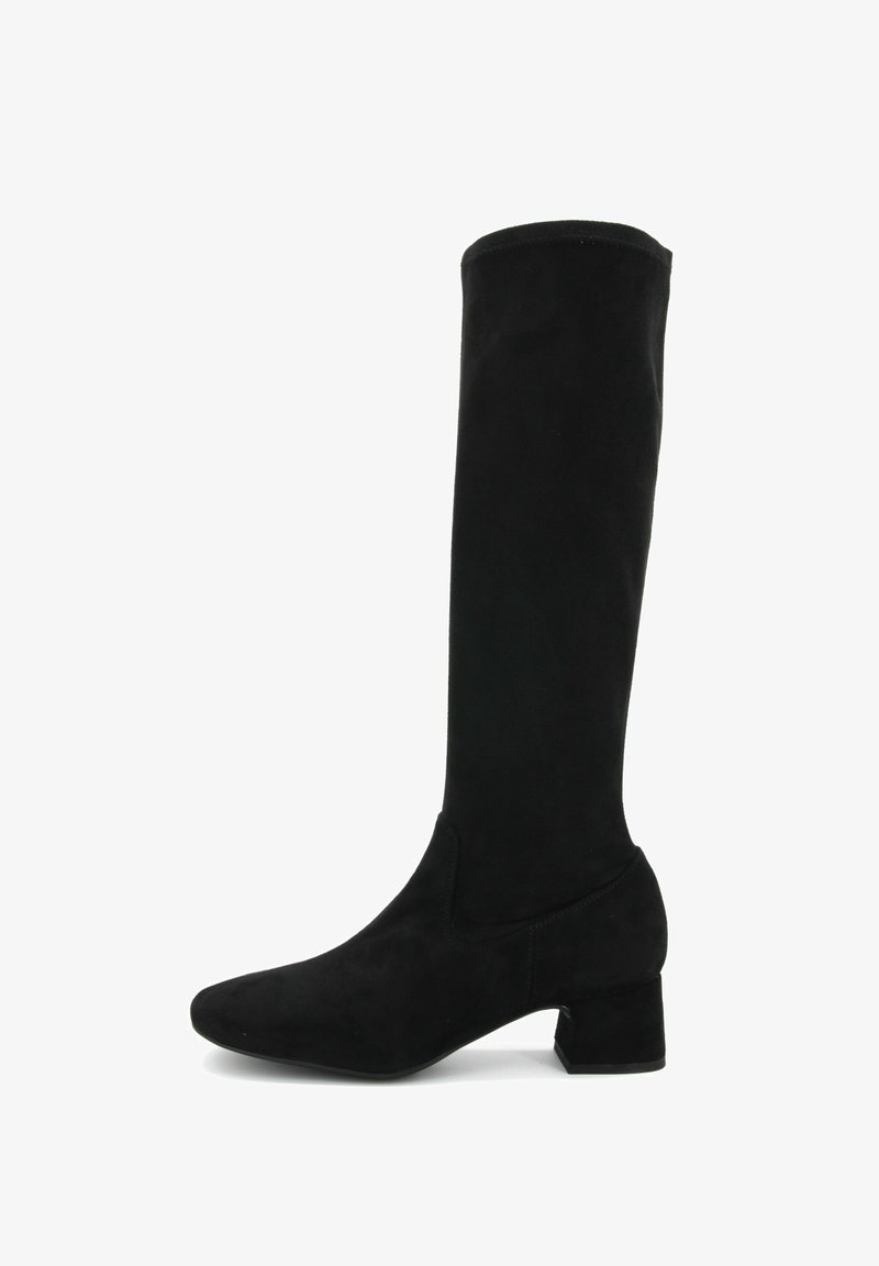 Stivali neri in suede al ginocchio con punta affusolata e tacco a blocco, caratterizzati da una texture liscia e una silhouette aderente.