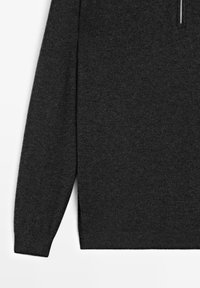 Dark gray, long-sleeve pullover sweater made from knit fabric, featuring a high collar and a half-zipper detail. Smooth texture, side slits.