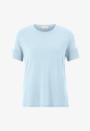 Lyseblå bomulds-t-shirt med korte ærmer, rund halsudskæring, glat tekstur og ribbede detaljer på ærmerne.