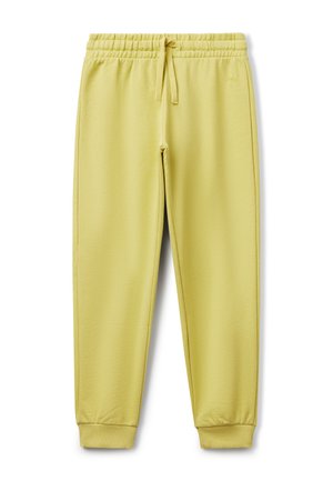 Hellgelbe Sweatpants mit elastischem Bund, Zugband, gerippten Bündchen und subtiler Logodarstellung im Bereich der rechten Tasche.
