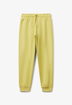 Pantalones de chándal de color amarillo claro con cintura elástica, cordón ajustable, puños acanalados y un sutil logo cerca del área del bolsillo derecho.