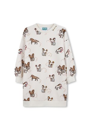 Vestido de manga larga color crema con estampados de caballos de dibujos animados en marrón y blanco, con puños y dobladillo acanalados.