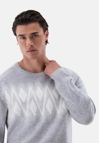 Hellgrauer Pullover mit einem weißen Diamantmuster, klassischem Rundhalsausschnitt und gerippten Bündchen. Hergestellt aus weichem, strukturiertem Strickmaterial.