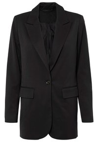 Czarna marynarka z klapami z wycięciem, zapięciem na jeden guzik, dwoma przednimi kieszeniami i gładkim materiałem o prostym kroju.