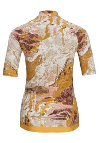 Kurzarmhemd mit abstrakten Mustern in Beige, Gold, Rosa und Braun, mit einem einfarbigen gelben Saum und einem hochgeschnittenen Design.