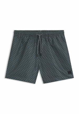 Graue Badehose mit einem dreieckigen Muster, elastischem Bund, verstellbarem Kordelzug und Logodetail auf der linken Seite.