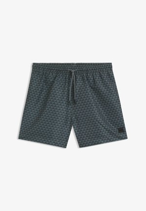 Grijze zwemshorts met een driehoekig patroon, elastische tailleband, verstelbaar trekkoord en logodetail aan de linkerkant.