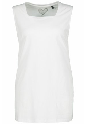 Top blanco sin mangas con escote cuadrado y material de algodón suave. Presenta un gráfico de un corazón en el interior cerca del cuello.