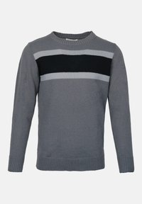 Gray sweater made of knit fabric, featuring a crew neck, long sleeves, and a horizontal black and light gray stripe across the chest.